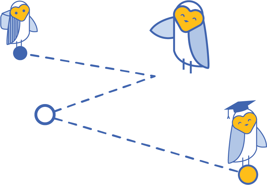 Image of a student owl being tutored through learning by a teacher owl and ending by graduating.